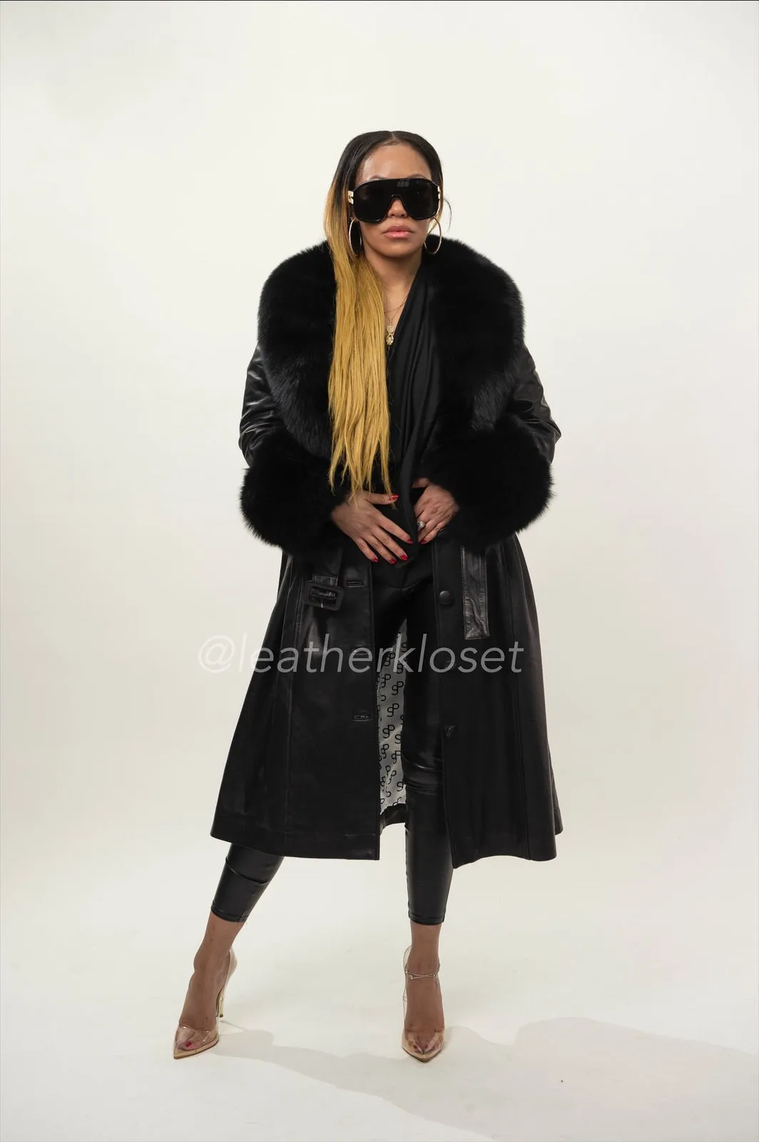 Women's Leather Trench With Full Fox Fur [Black]