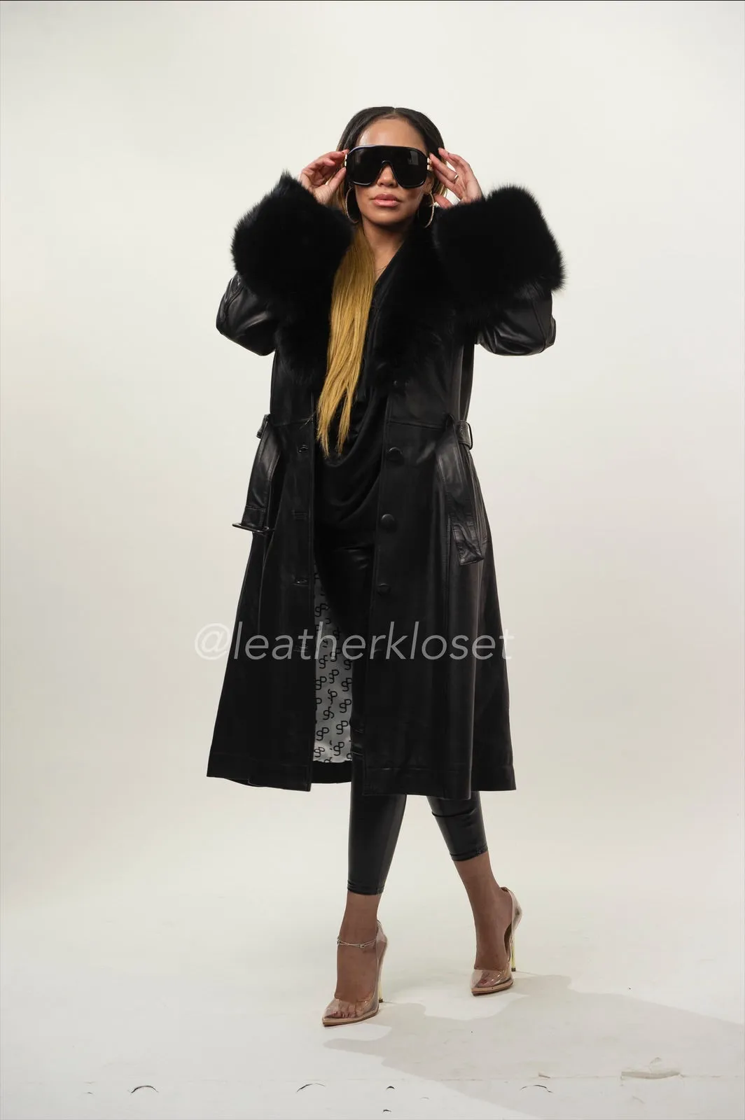 Women's Leather Trench With Full Fox Fur [Black]