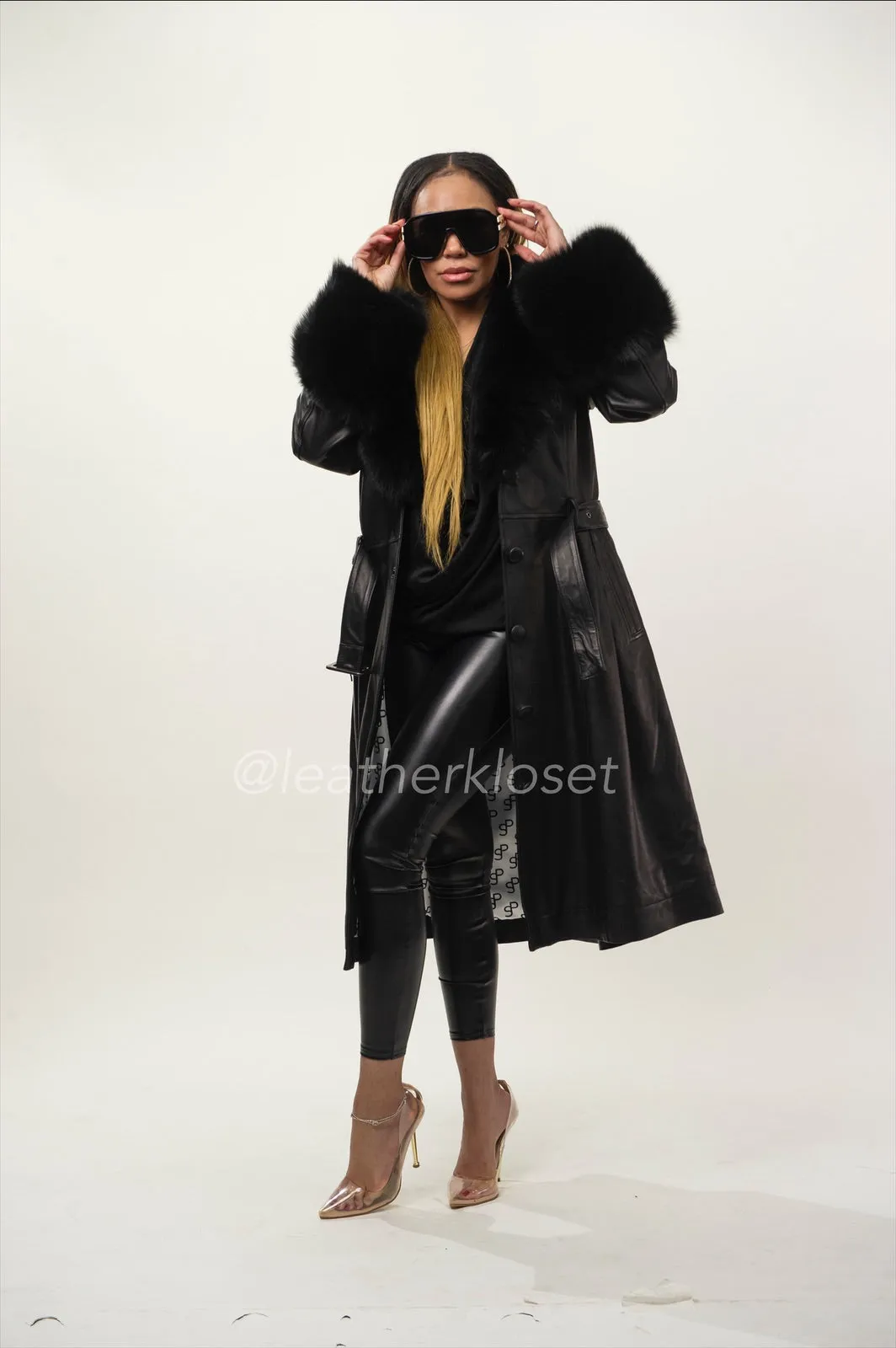 Women's Leather Trench With Full Fox Fur [Black]