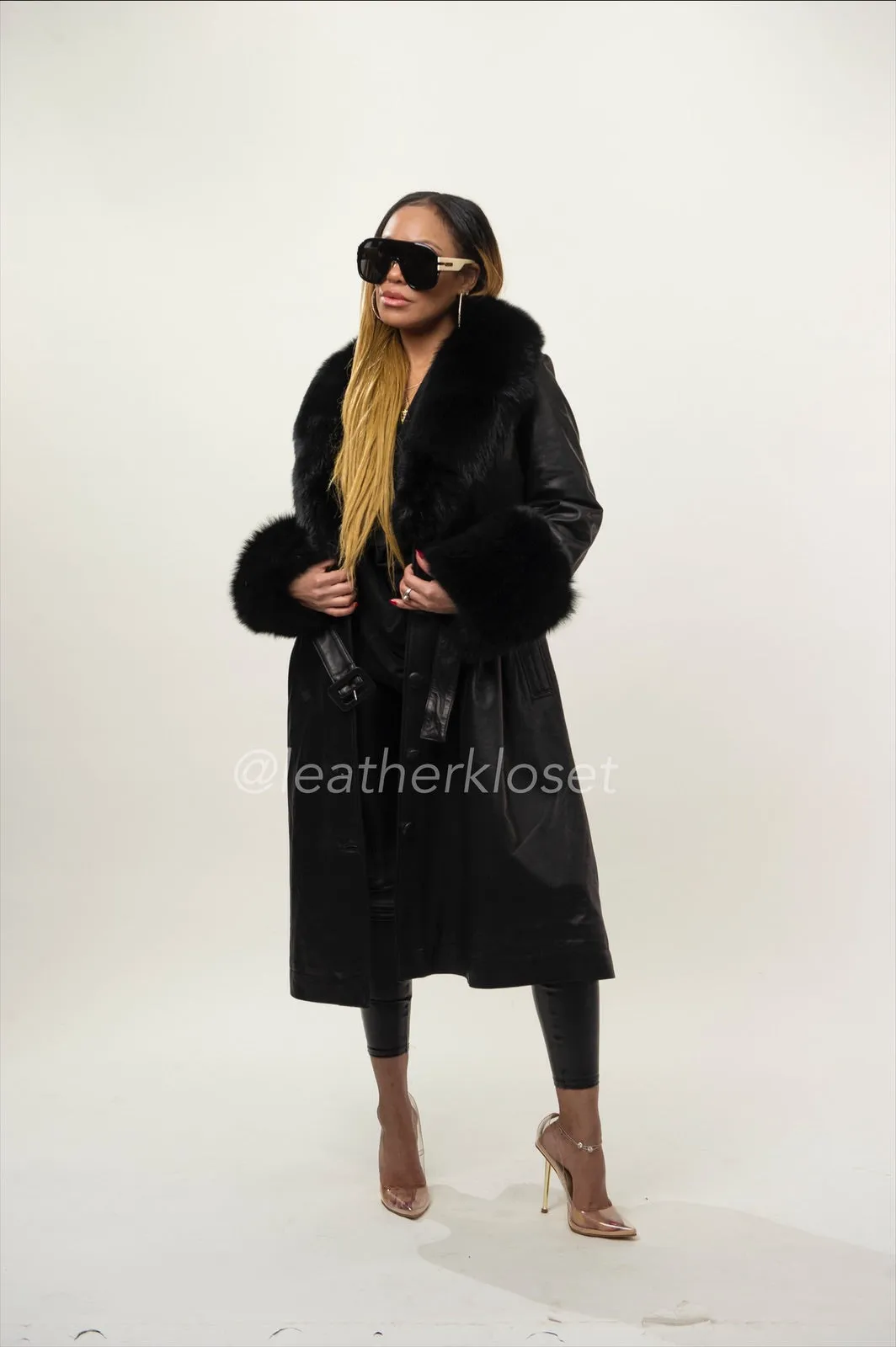 Women's Leather Trench With Full Fox Fur [Black]