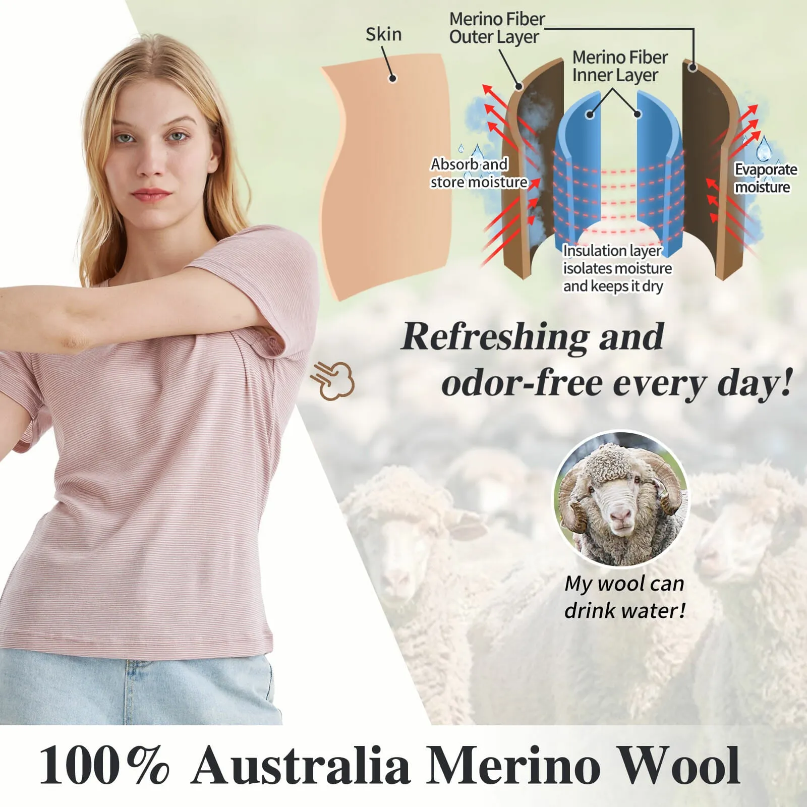 Women's Merino 200g Short Sleeve T-Shirt Pink White Stripes
