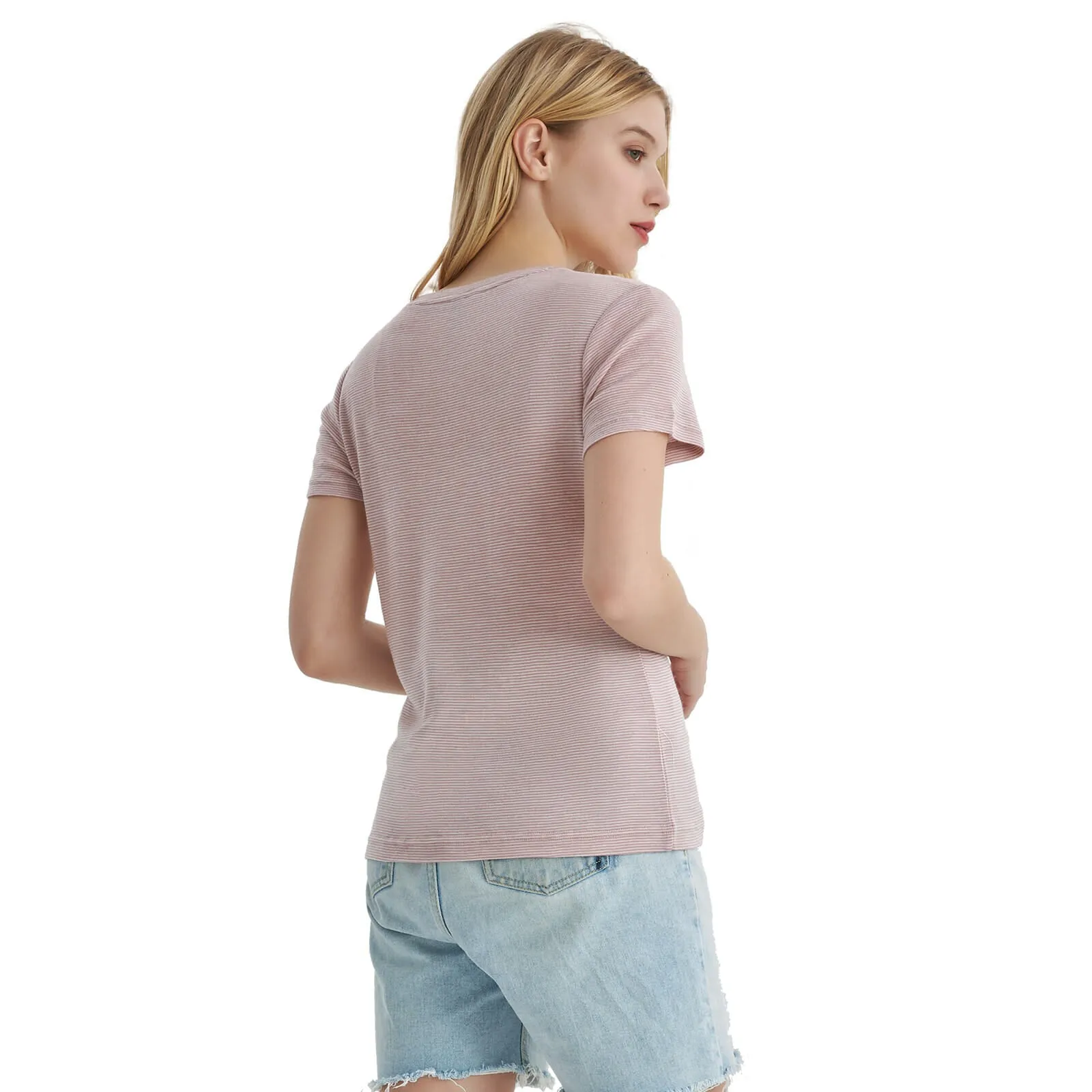 Women's Merino 200g Short Sleeve T-Shirt Pink White Stripes