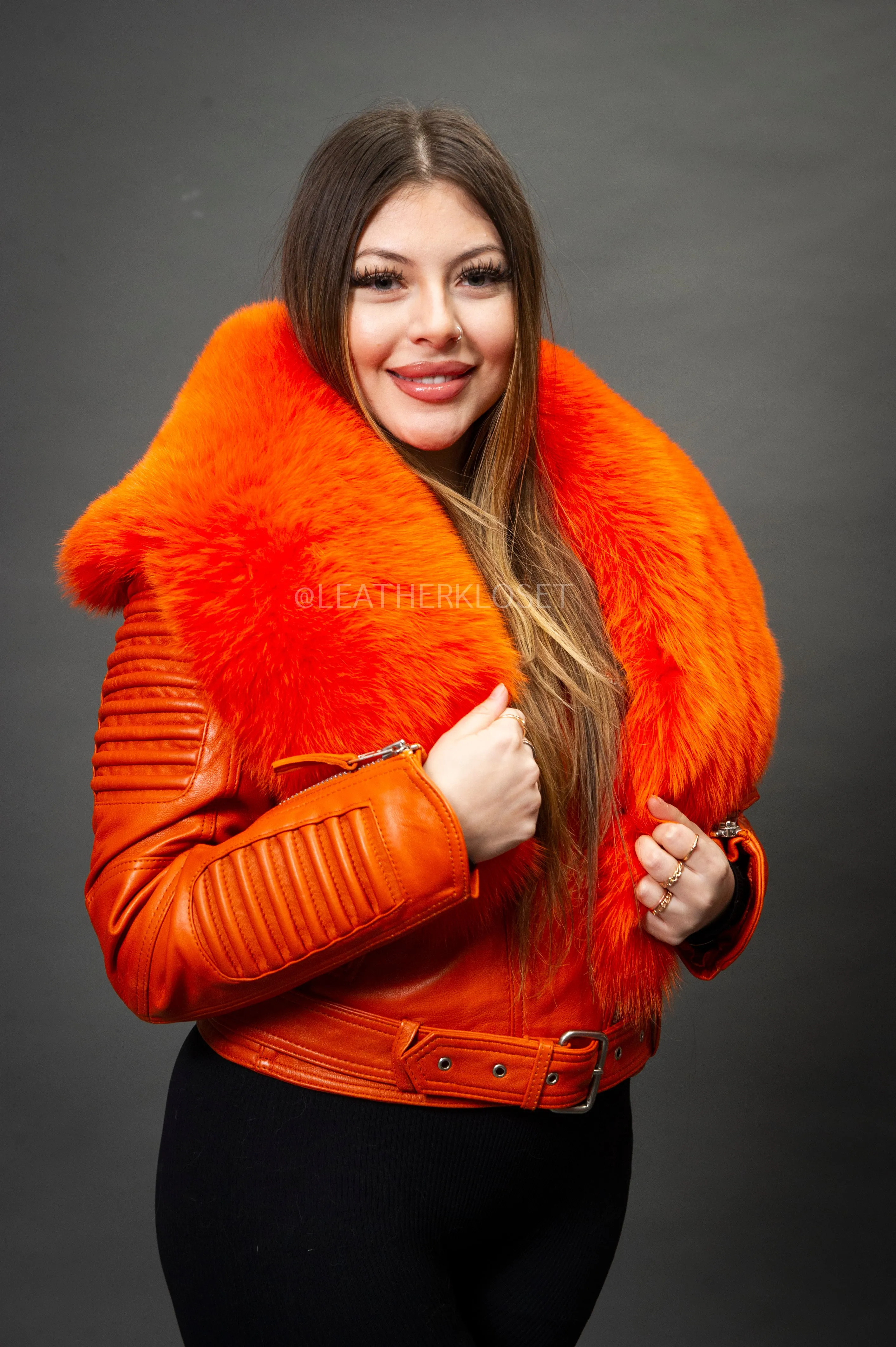 Women's Trey Biker Orange Oversized Fox Collar [Orange Fox]